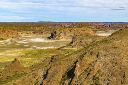 Aerial view of unique arid rocky landscape environment located in the argentinian patagonian in...