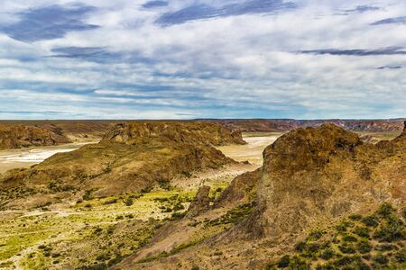 Aerial view of unique arid rocky landscape environment located in the argentinian patagonian in Santa Cruz province, Argentinaの写真素材