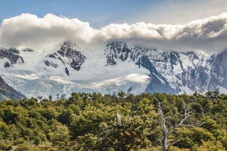 Patagonia landscape scene with snowy andes range mountains as main subject, El Chalten, Argentinaの写真素材