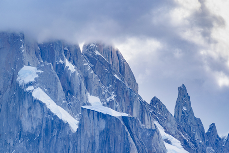 Patagonia landscape scene with snowy mountains as main subject, El Chalten, Argentinaの写真素材