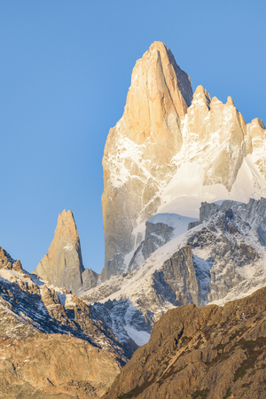 Patagonia landscape scene with big snowy andes mountains as main subject, Parque Nacional Los Glaciares, Argentinaの写真素材