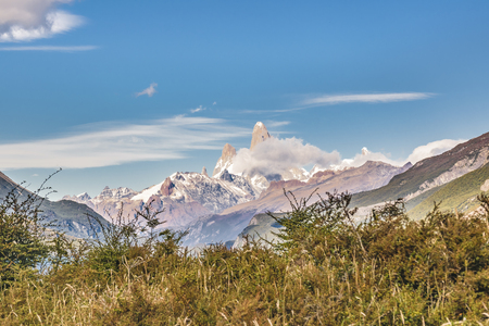 Argentinian patagonian landscape scene with lake and snowy mountains as main subjectの写真素材