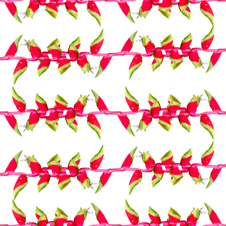 Digital photo collage and manipulation technique tropical floral collage vertical stripes motif seamless pattern design in vivid warm colors against whiteの写真素材