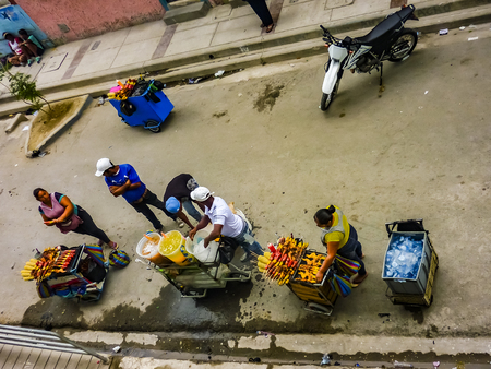 GUAYAQUIL, ECUADOR, NOVEMBER - 2016 - High angle view of typical street food vendors around stadium in Guayaquil, Ecuadorのeditorial素材