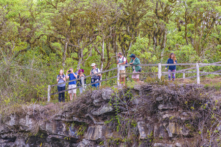 GALAPAGOS, ECUADOR, AUGUST - 2016 - Group of tourist at viewpoint in Los Gemelos volcano depression, Galapagos, Ecuadorのeditorial素材