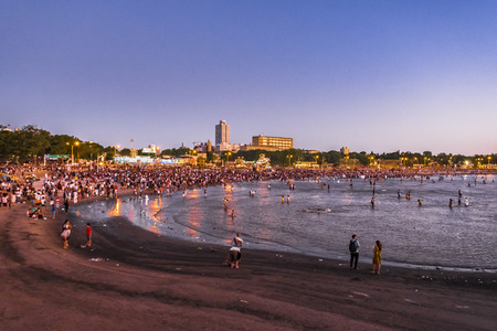 MONTEVIDEO, URUGUAY, FEBRAURY - 2016 - Crowded beach at iemanja worship celebration in Montevideo city, Uruguayのeditorial素材