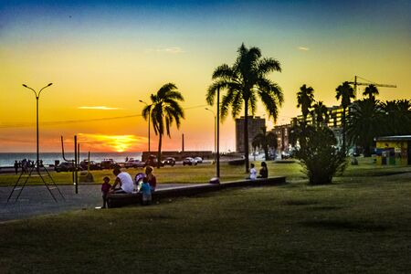 MONTEVIDEO, URUGUAY, FEBRAURY - 2016 - Sunset urban scene at waterfront park in Montevideo, Uruguayのeditorial素材