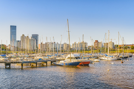 Cityscape day scene view at small port in Montevideo city, Uruguayの写真素材