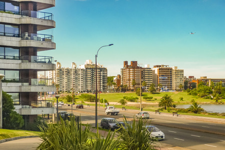 MONTEVIDEO, URUGUAY, JANUARY - 2016 - Modern waterfront apartment buildings exterior view at buceo neighboorhod in Montevideo city, Uruguayのeditorial素材