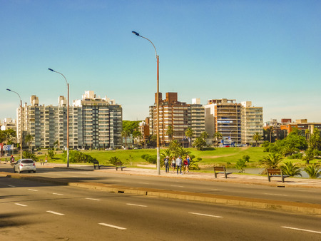 MONTEVIDEO, URUGUAY, JANUARY - 2016 - Modern waterfront apartment buildings exterior view at buceo neighboorhod in Montevideo city, Uruguayのeditorial素材