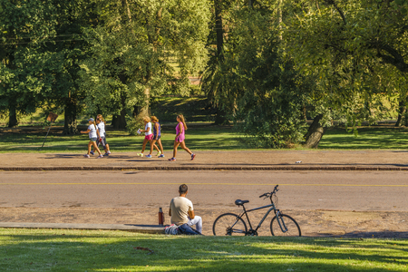 MONTEVIDEO, URUGUAY, MARCH - 2016 - Women walking with sport wear at park in Prado neighborhood, Montevideo, Uruguayのeditorial素材