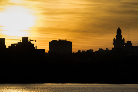 Cityscape coastal sunset scene at Montevideo city, Uruguayの写真素材