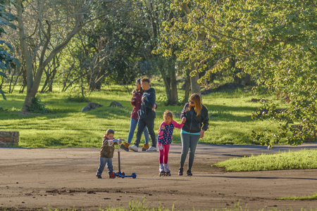 MONTEVIDEO, URUGUAY, AUGUST - 2017 - People enjoying a summer winter day at park in Montevideo city, Uruguayのeditorial素材