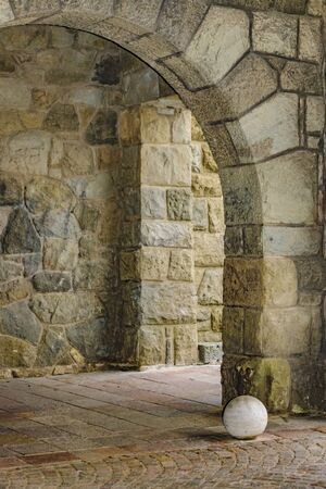 Detail view of stone arc buliding at San Carlos de Bariloche, Argentinaの写真素材