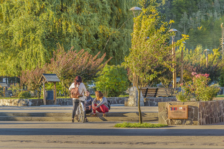 LOS LAGOS, CHILE, APRIL - 2017 - Main square at futalefu, a small town at Los Lagos, Chileのeditorial素材