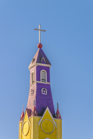 Exterior detail facade of famous wooden catholic church at Castro city, Chiloe Island, Chileの写真素材