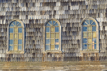 Exterior detail facade view of achao church, one of  wooden churches located at Chiloe island, Chileの写真素材