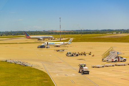 MONTEVIDEO, URUGUAY, DECEMBER - 2017 - High angle view of runway zone at aeropuerto internacional de carrrasco, Montevideo, Uruguayのeditorial素材