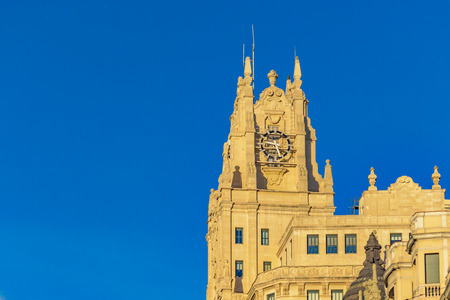 Low angle view of eclectic style building at Madrid city, Spainの写真素材