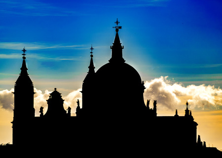 Long distant view of Santa Maria la Real de la Almudena cathedral at Madrid city, Spainの写真素材