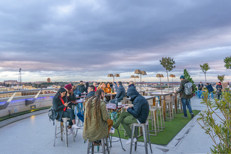 MADRID, SPAIN, DECEMBER - 2017 - Rooftop bar and restaurant at circle of fine arts, Madrid, Spainのeditorial素材
