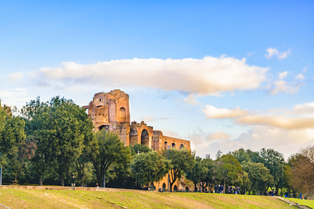 ROME, ITALY, DECEMBER - 2017 - Exterior view of circus maximus, the biggest circus horse racing created by roman empire, is located in a valley between the aventino and palatino hills on Rome city, Italyのeditorial素材