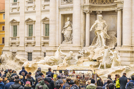ROME, ITALY, JANUARY - 2018 - Crowded urban scene at fontana di trevi, the most famous fountain of Rome city, Italyのeditorial素材