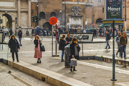 ROME, ITALY, JANUARY - 2018 - Urban winter day scene with people at stop bus in Rome city, Italyのeditorial素材