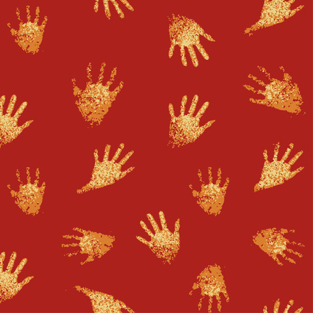 Conversational pattern with primitive art hands motif design in saturated red and orange colorsのイラスト素材