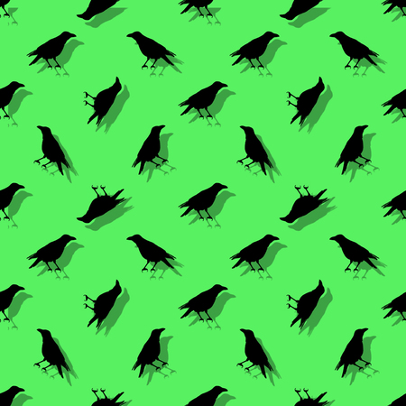 Conversational seamless pattern design with birds silhouette graphic motif in green and black colorsの写真素材