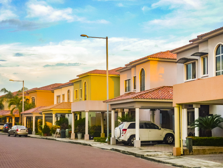 Perspective exterior view of high class neighborhood houses at samborondon district, Ecuadorの写真素材