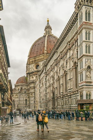 FLORENCE, ITALY, JANUARY - 2018 - Winter urban day scene at famous piazza del duomo at Florence city, Italyのeditorial素材