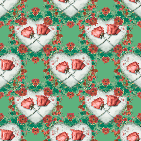 Digital art collage technique love concept ornament seamless pattern design with heart and flowers motifの写真素材