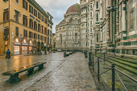 FLORENCE, ITALY, JANUARY - 2018 - Winter urban day scene at famous piazza del duomo at Florence city, Italyのeditorial素材
