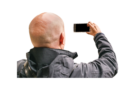 Isolated photo of man body part taking photo with his cellphoneの写真素材