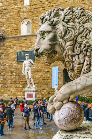 FLORENCE, ITALY, JANUARY - 2018 - Winter rainy urban day scene at famous piazza della signoria at Florence city, Italyのeditorial素材