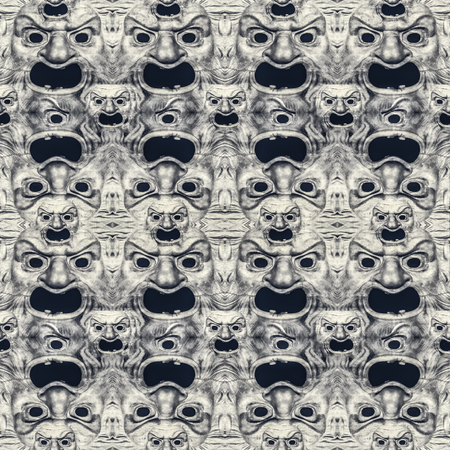Conversational seamless pattern design with antique mask theater motif in grey and black colorsの写真素材