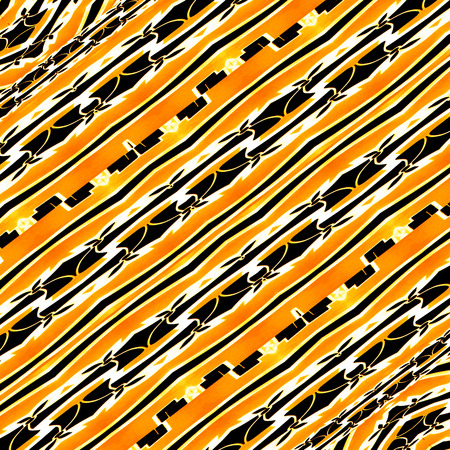 Digital art techinque geometric ethnic diagonal stripes intricate abstract pattern design in vivid warm colorsの写真素材