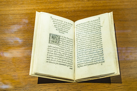 High angle view of ancient book openのeditorial素材