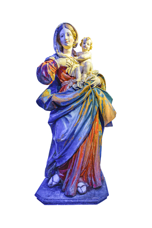 Full body front view virgin mary and boy wood sculpture isolated on white backgroundの写真素材
