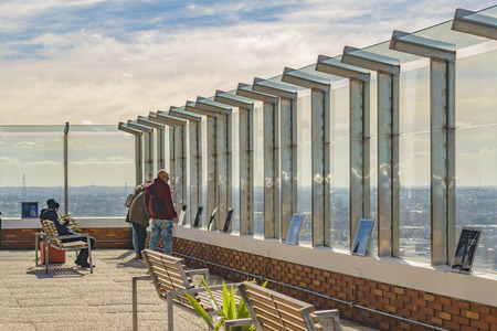 MONTEVIDEO, URUGUAY, JULY - 2018 - Tourists at terrace viewpoint in montevideo city, Uruguay