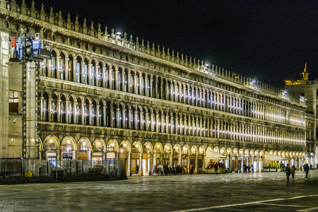 VENICE, ITALY, JANUARY - 2018 - Midnight scene at famous piazza san marcos at venice city, Italyのeditorial素材