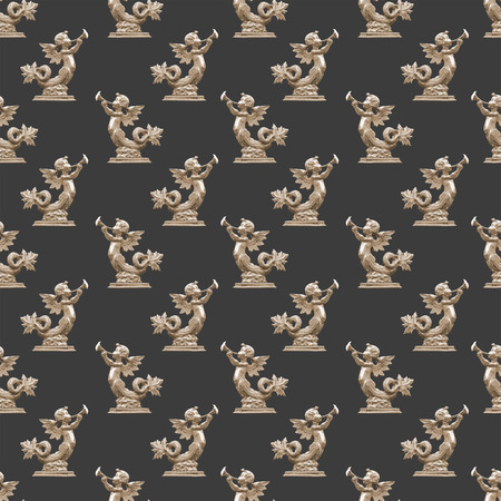 Conversational seamless pattern design with mythological motif in golden over dark grey backgroundの写真素材
