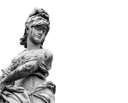 Side view ancient sculpture of warrior man isolated on white backgroundのeditorial素材