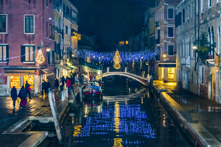 VENICE, ITALY, JANUARY - 2018 - Urban night scene at historic center of venice, Italyのeditorial素材