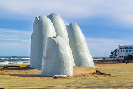 Finger most famous landmark monument located at la brava beach in punta del este city, Uruguayのeditorial素材