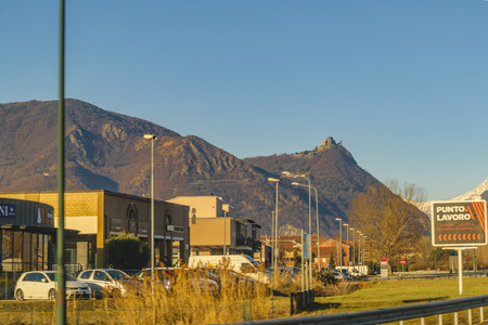 PIAMONTE, ITALY, JANUARY - 2018 - Alpes mountains landscape from driver point of view at route of piamonte region, Italyのeditorial素材