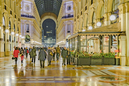 MILAN, ITALY, JANUARY - 2018 - Interior night scene at famous vittorio emanuele II luxury gallery at milan city, Italyのeditorial素材
