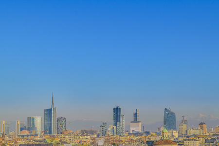 Cityscape aerial view of milan skyscraper city from duomo cathedral viewpoint.のeditorial素材