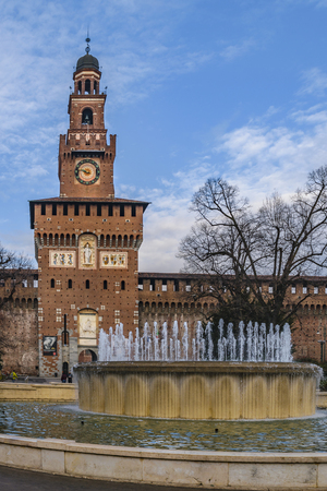 Exterior view of sforza castle, a touristic attraction medieval fortress located at the historic center of Milan, Italyのeditorial素材